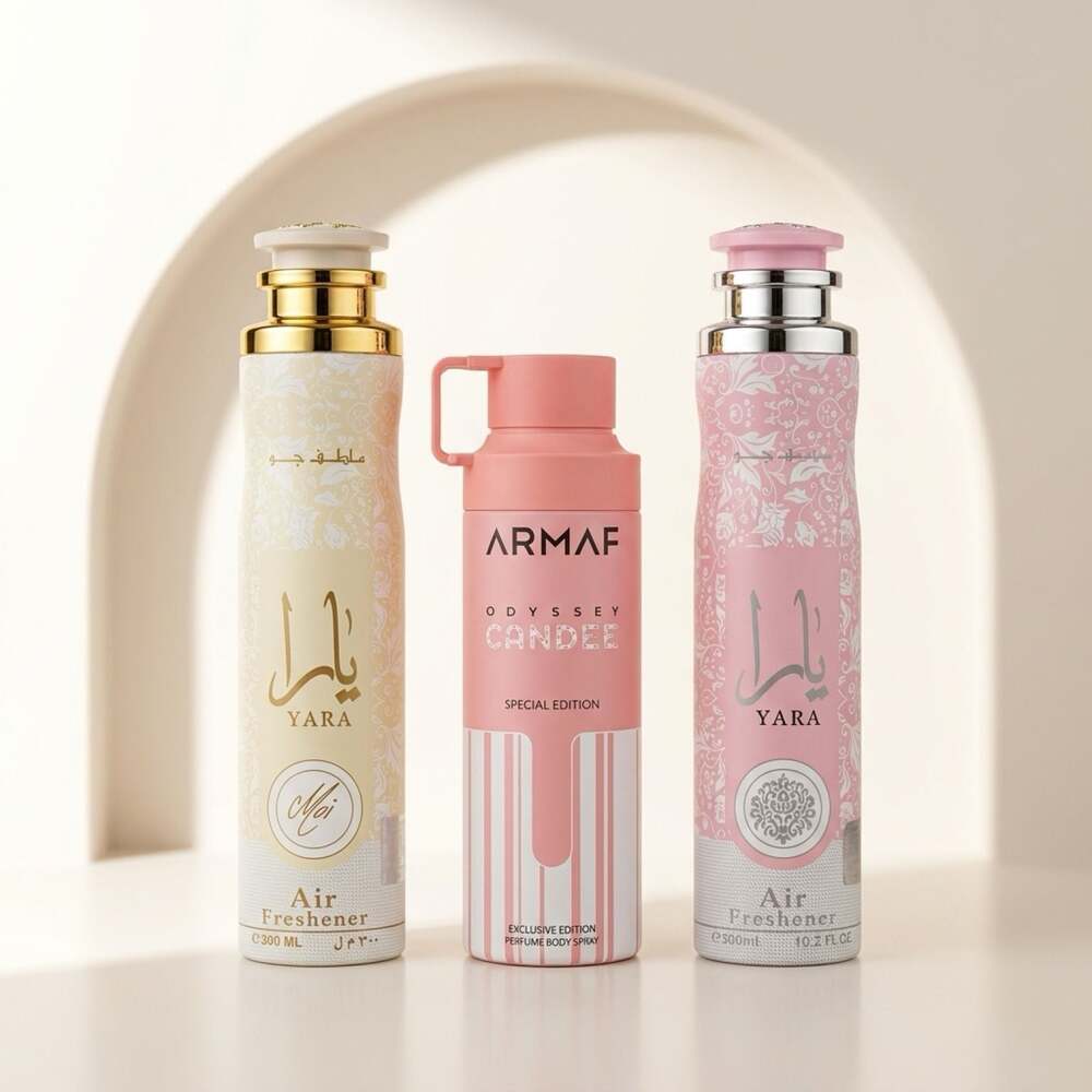 Lattafa Yara & Yara Moi Air Fresheners and Armaf Odyssey Candee Body Spray